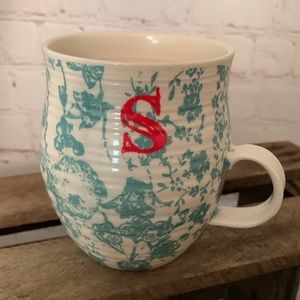 Anthropologie S Mug teal blue flowers EUC